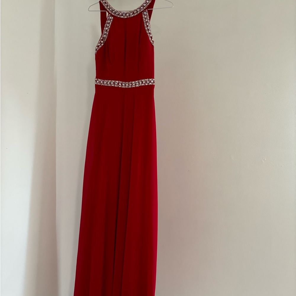 Red Prom dress with jewel detail and tie up back